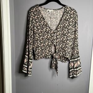 American Eagle Black Pink Floral Tie Front Top Bell Sleeves Medium